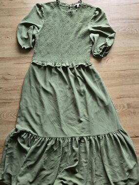 Nanette Lepore Olive Green Smocked Top with Ruffle Neck SZ 14